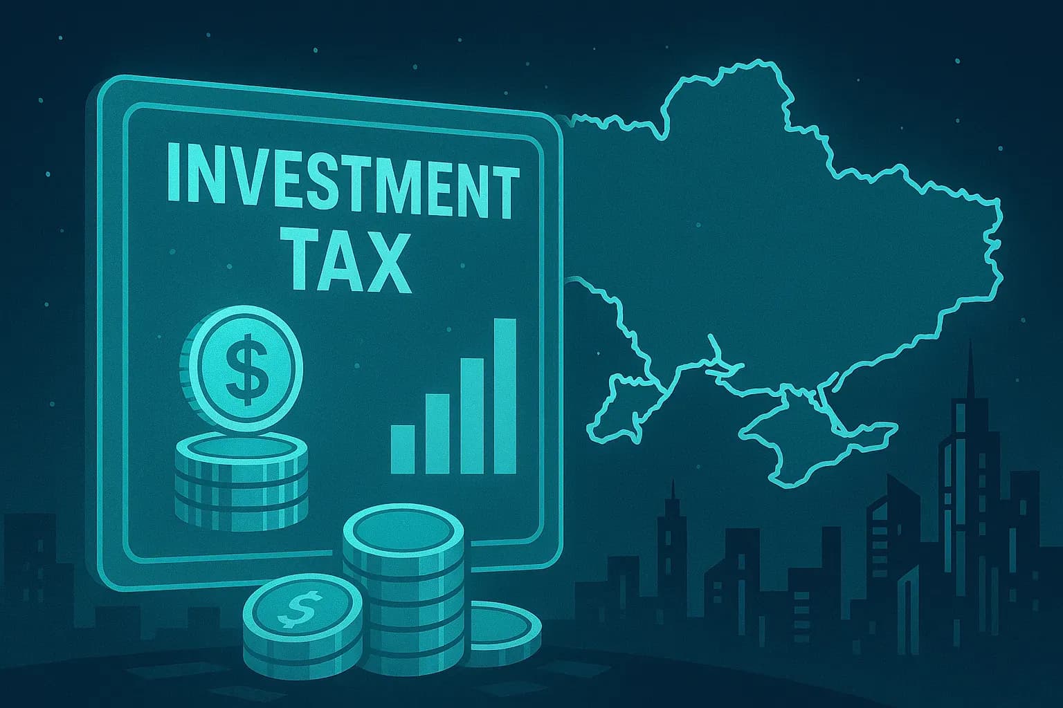 Ілюстрація: напис Investment Tax, стоси монет зі знаком долара і контур мапи України на тлі міста